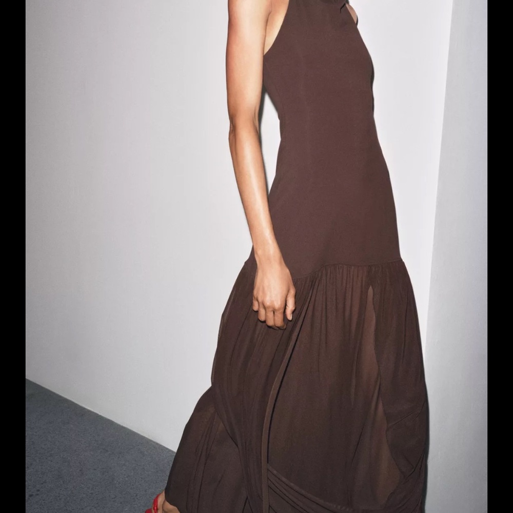 ZARA Drop Waist Halter Combination Brown Dress